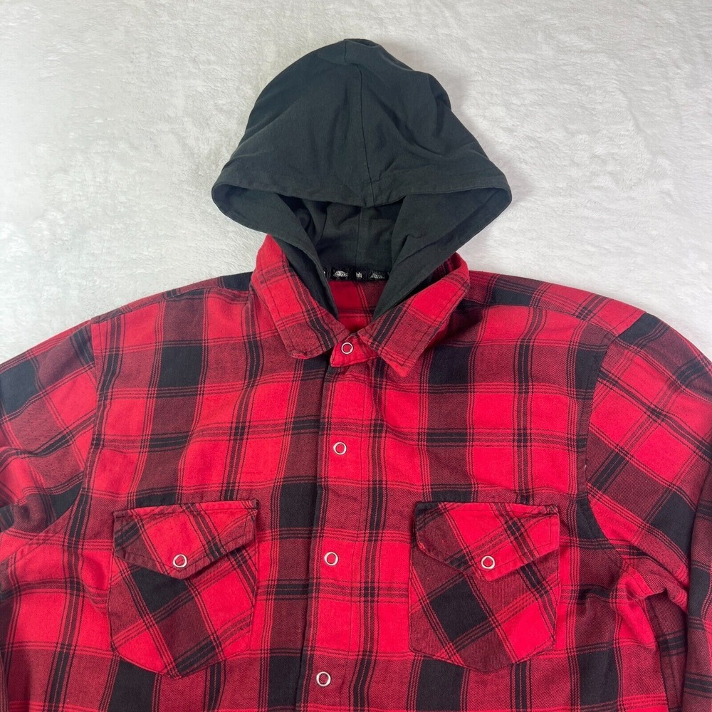Hart Huntington‎ Red And Black Plaid Large Snap Button Hoodie Y2k Skater Grunge